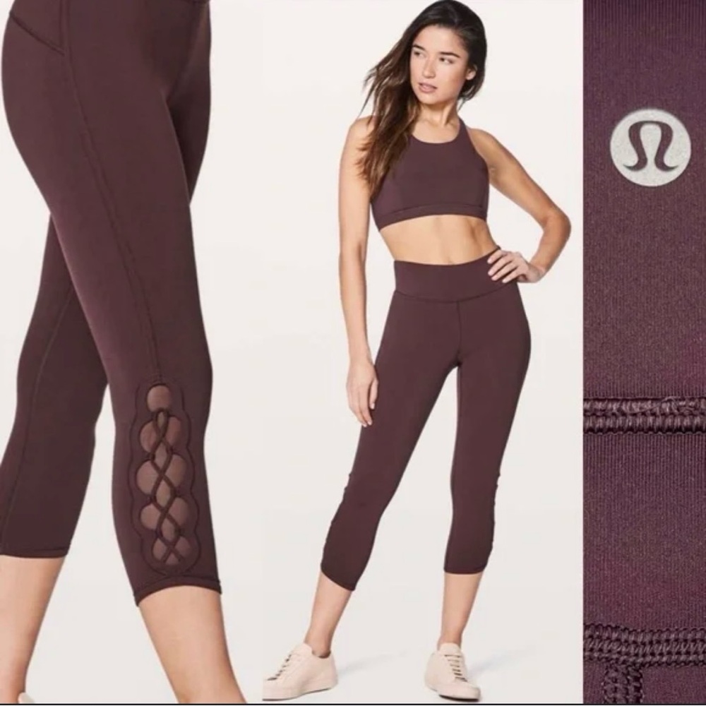 Lululemon Tied To It Crop 21" Black Cherry Mid Rise Leggings Yoga Sz 6